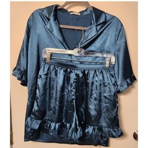 Ekouaer Women's Satin Pajama‎ Set Button Top Shorts Pockets Ruffle Medium